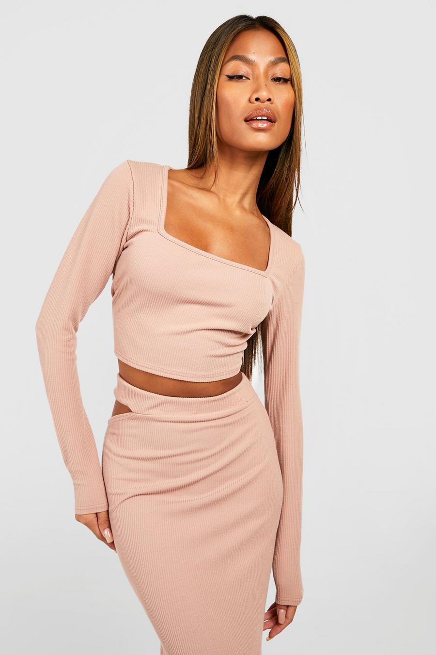 Camel beige Ribbed Square Neck Long Sleeve Cropped Top