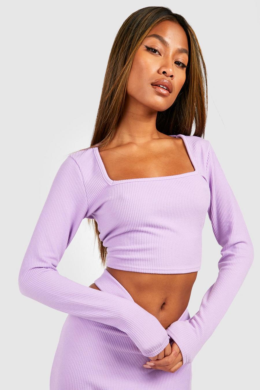 Lilac Ribbed Square Neck Long Sleeve Cropped Top image number 1