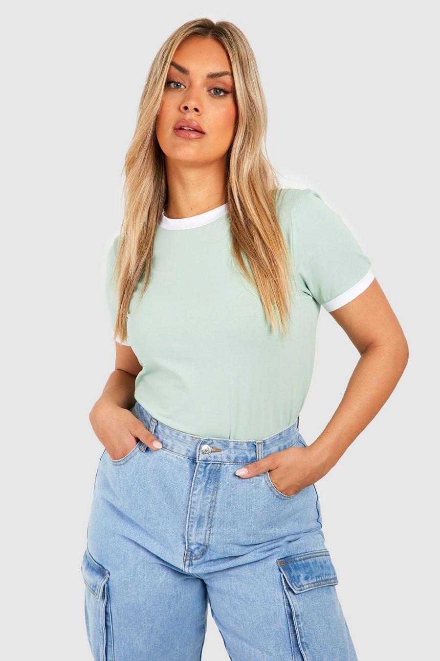 Sage green Plus Fitted Ringer Edge T-Shirt
