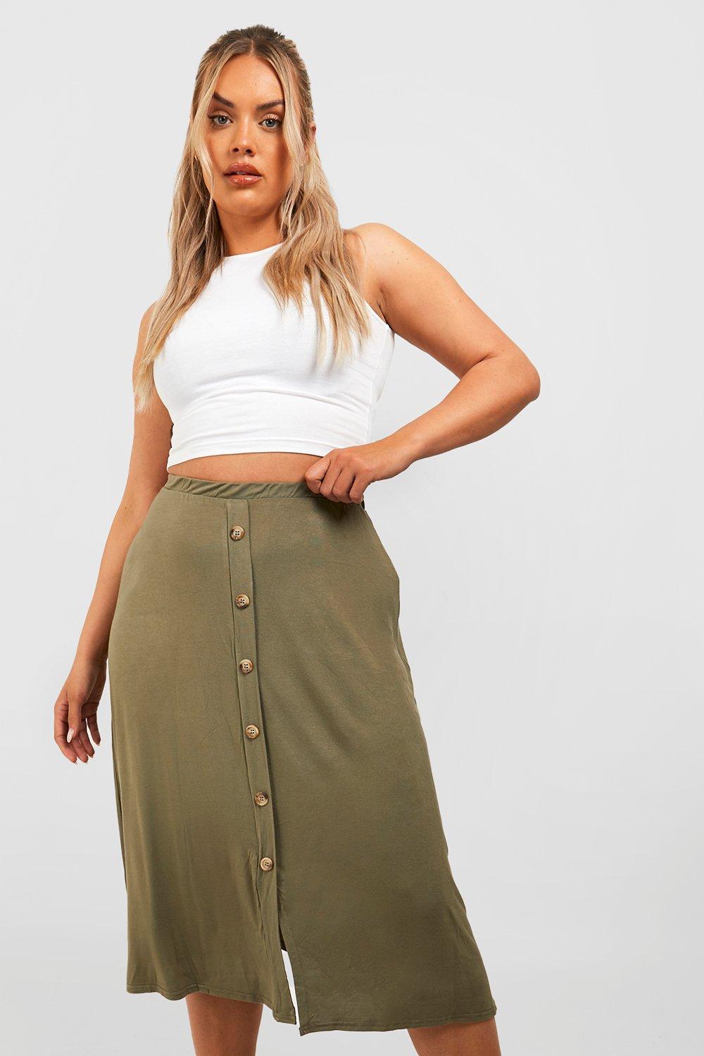 Plus Jersey Horn Button Midi Skirt | boohoo