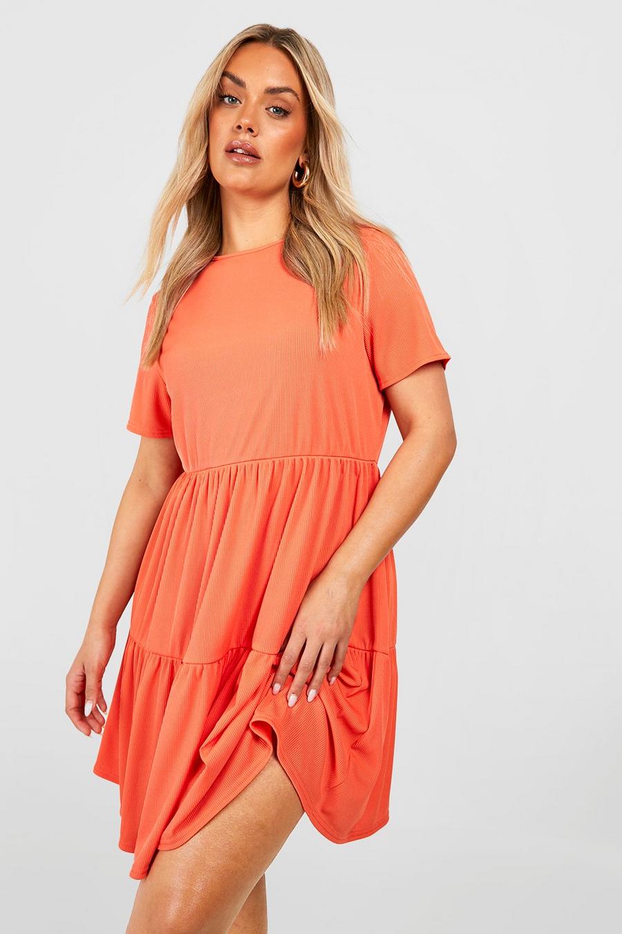 Coral pink Plus Rib Short Sleeve Tiered Skater Dress