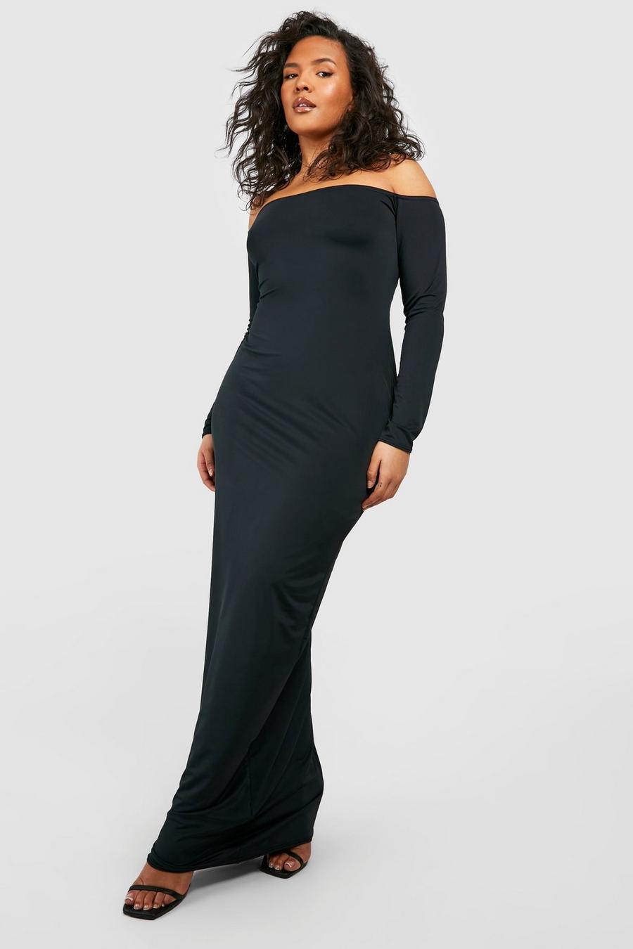 Black Plus Premium Matte Slinky Off The Shoulder Maxi Dress