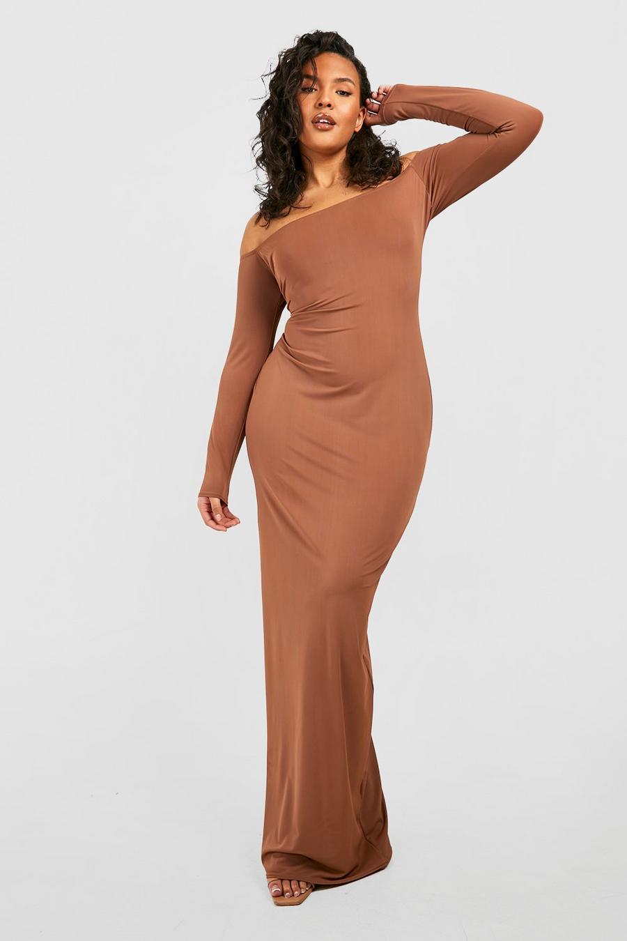 Chocolate brown Plus Premium Matte Slinky Off The Shoulder Maxi Dress image number 1