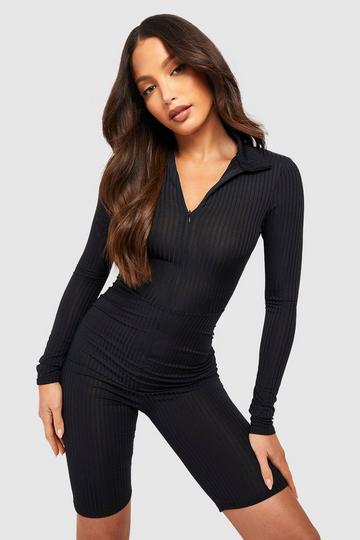 Tall Rib Zip Collar Longsleeve Short Unitard black