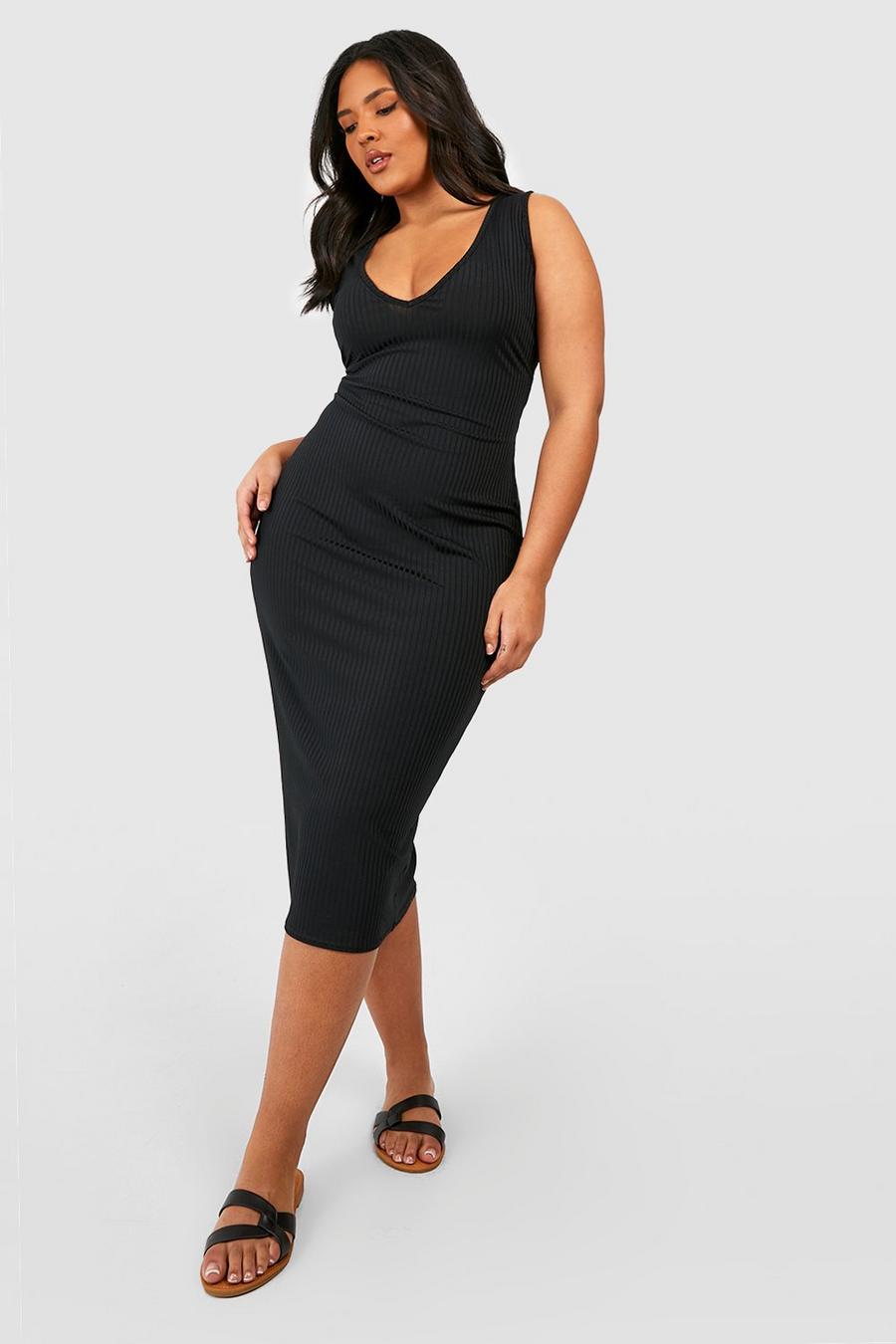 Vestito midi lungo Plus Size smanicato a coste con scollo a V, Black