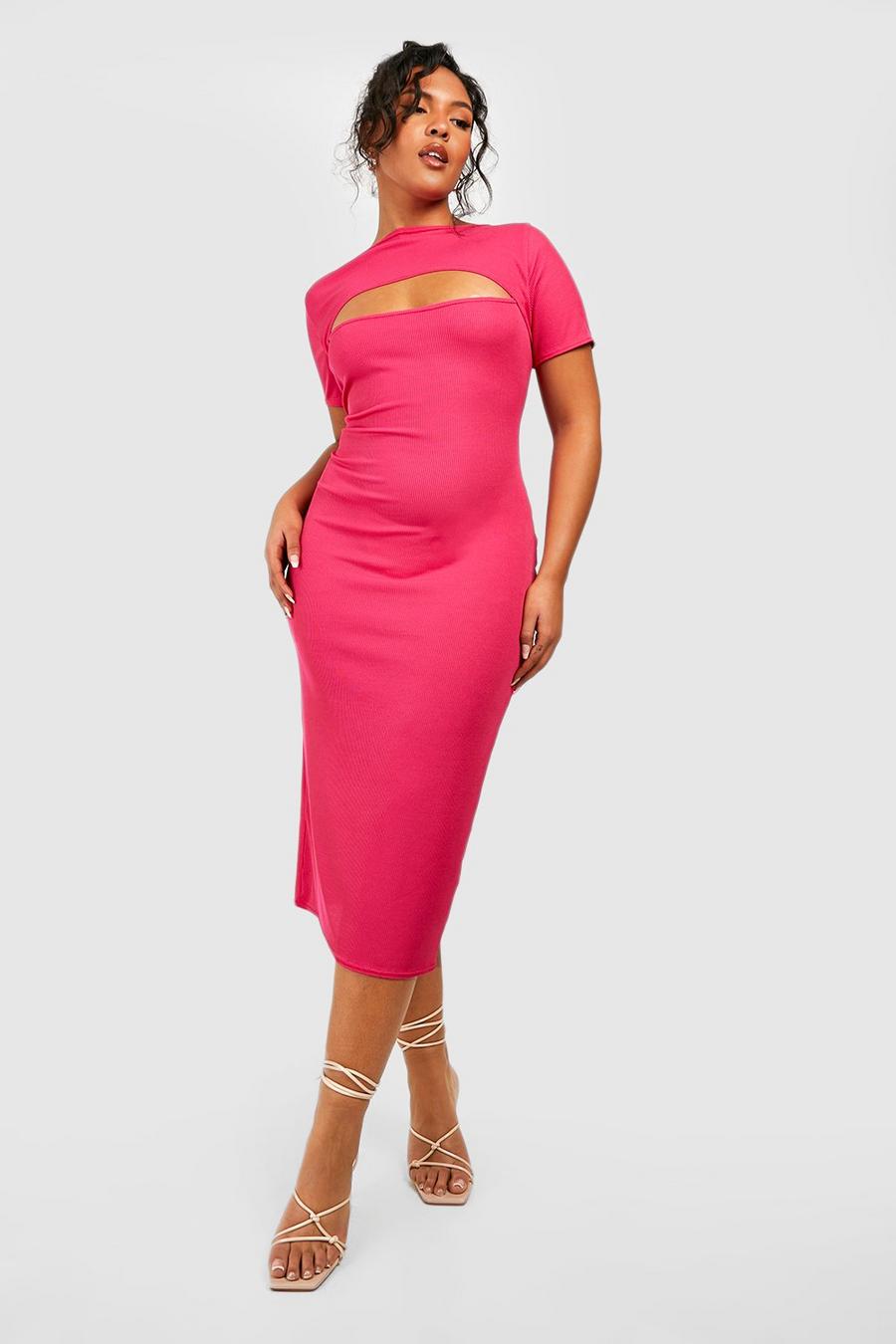 Hot pink Plus Cut Out Short Sleeve Midi Dress