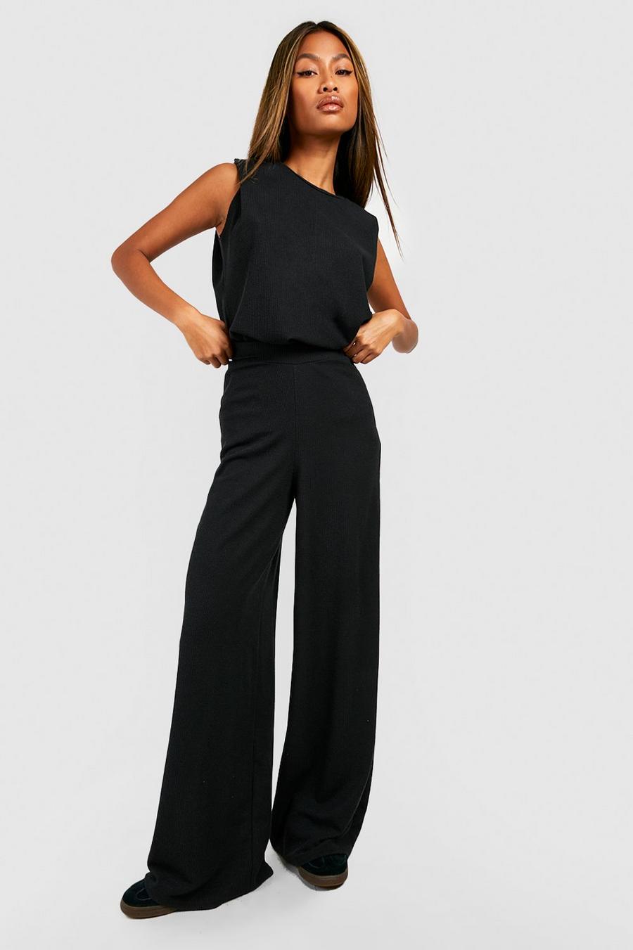 Black Crinkle Rib Relaxed Fit Wide Leg Pants image number 1