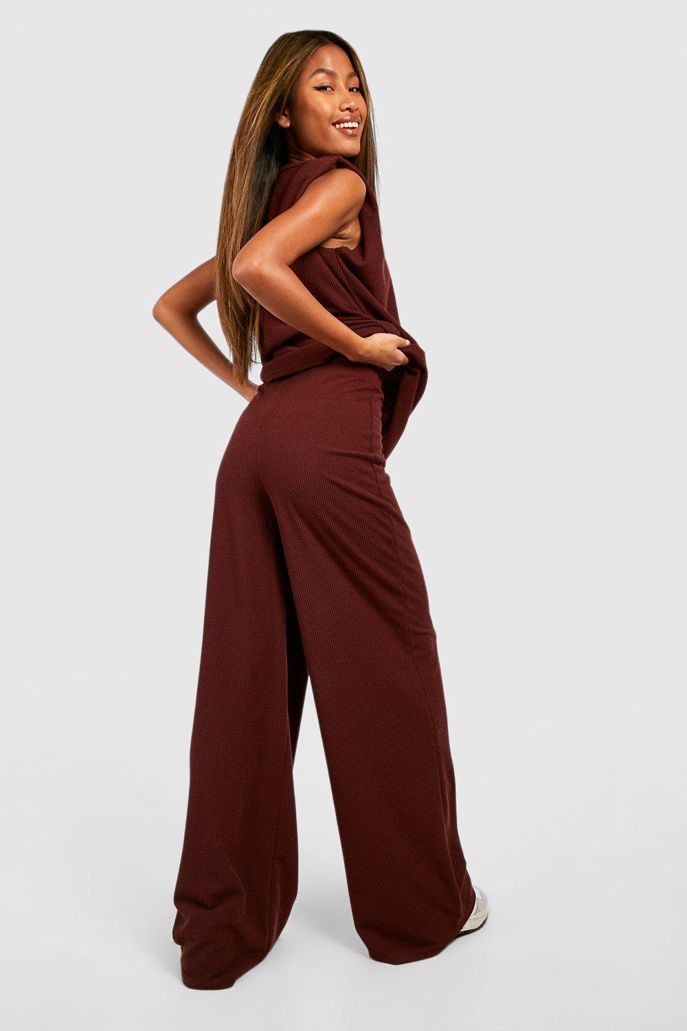 Women's Crinkle Rib Relaxed Fit Wide Leg Trousers