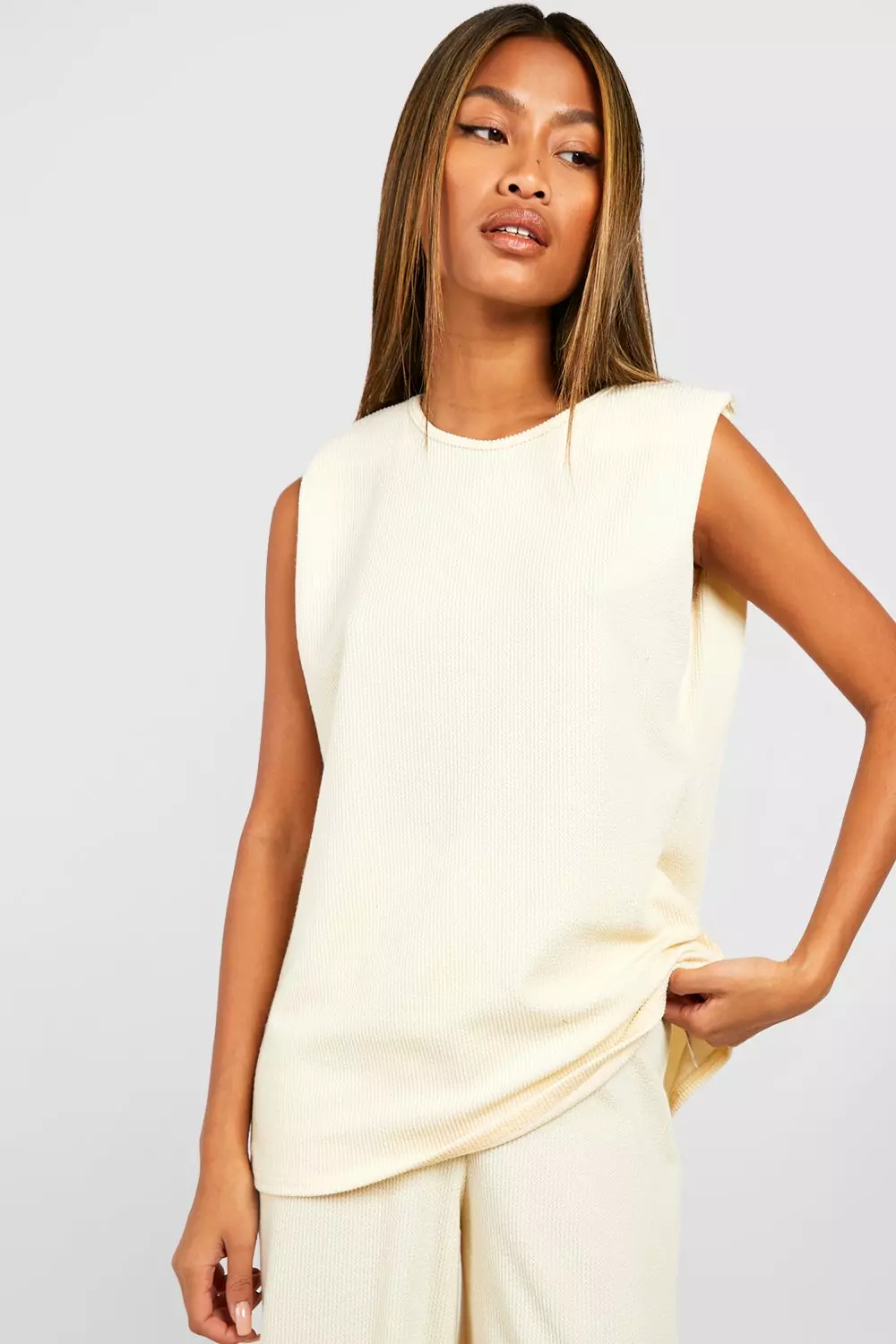 Ecru Crinkle Rib Shoulder Pad Relaxed Fit Top  alternative image