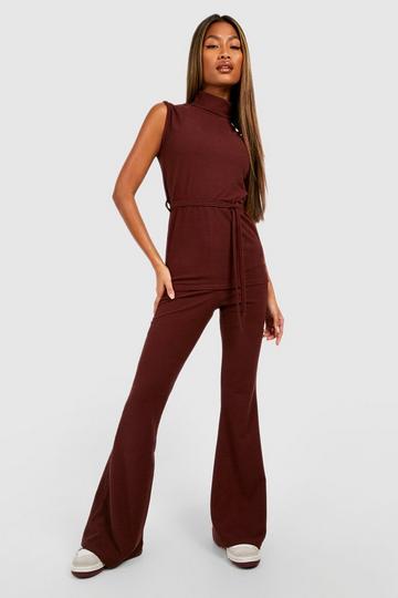 Crinkle Rib Flared Leg Pants chocolate