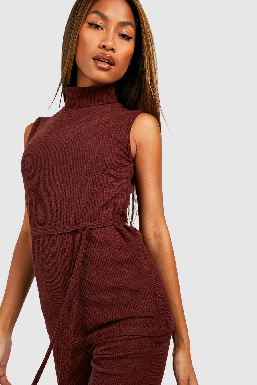Chocolate marrón Crinkle Rib Roll Neck Belted Top 