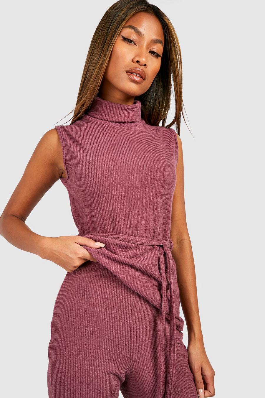 Plum Crinkle Rib Roll Neck Belted Top  image number 1