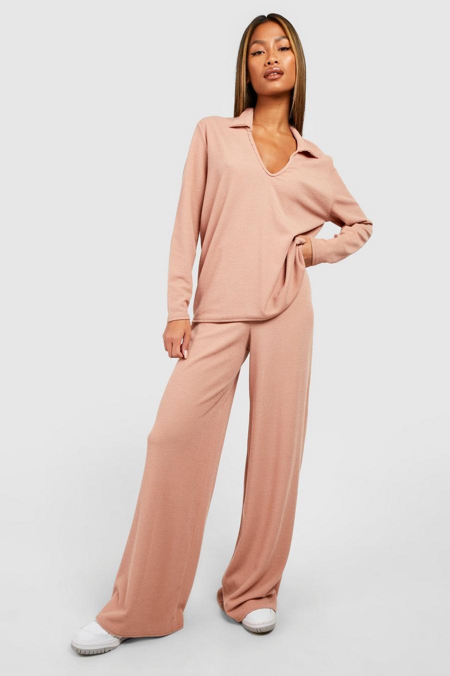 Camel Crinkle Rib Relaxed Fit Wide Leg Trousers image number 1