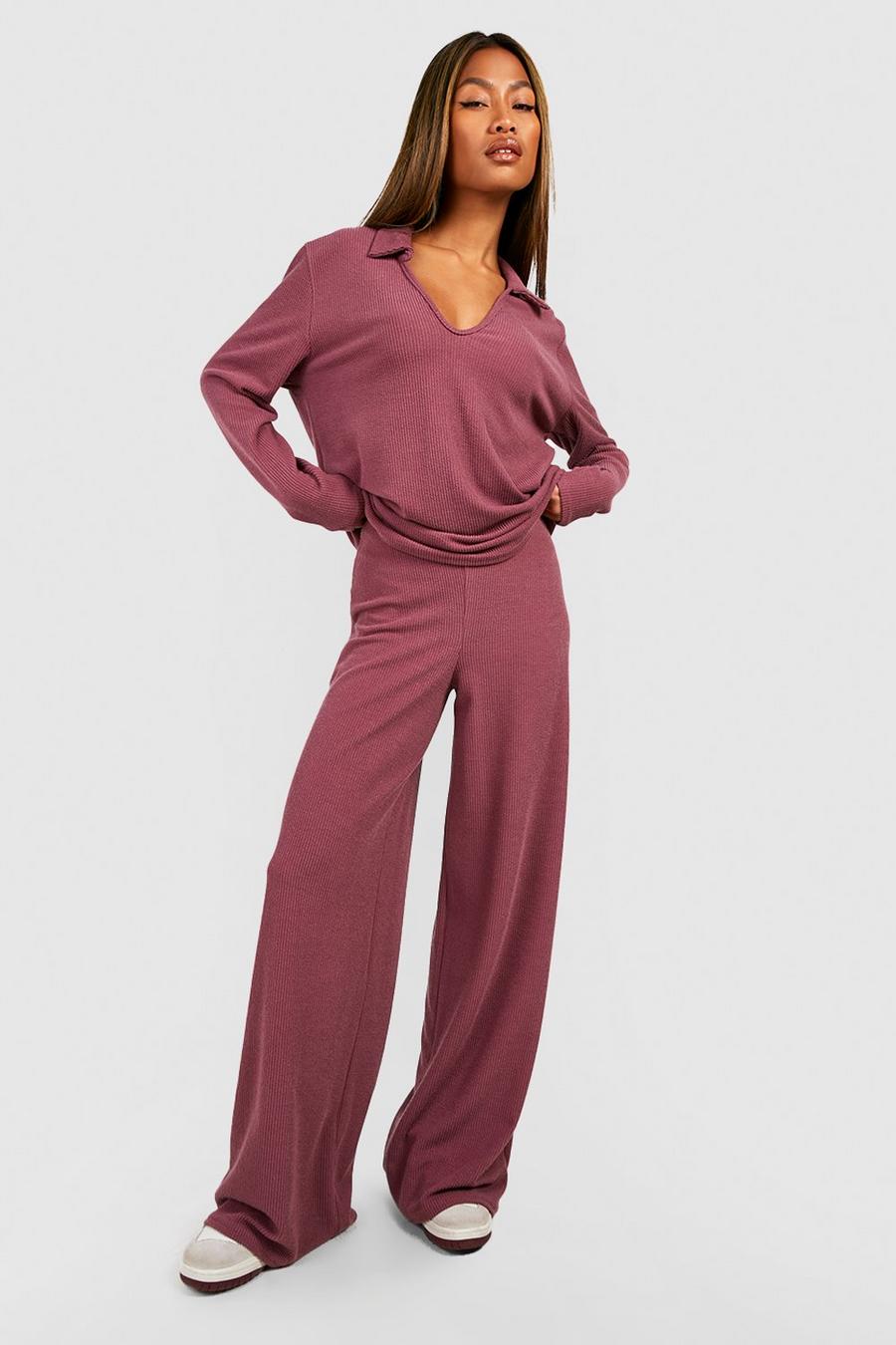 Plum purple Crinkle Rib Relaxed Fit Wide Leg Trousers