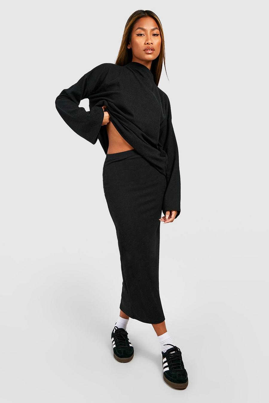Black Crinkle Rib Midi Skirt image number 1