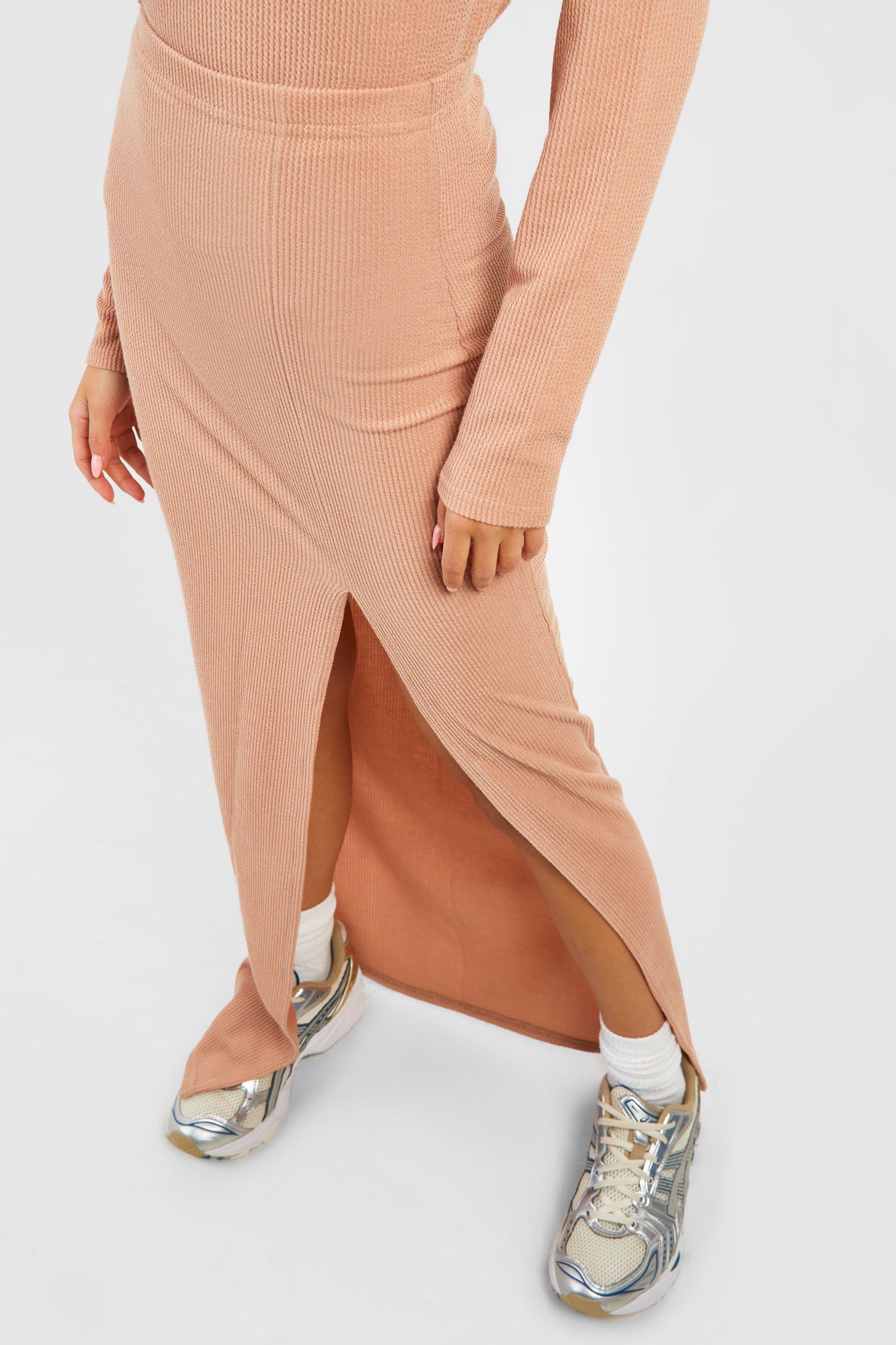 Crinkle Rib Thigh Split Maxi Skirt boohoo