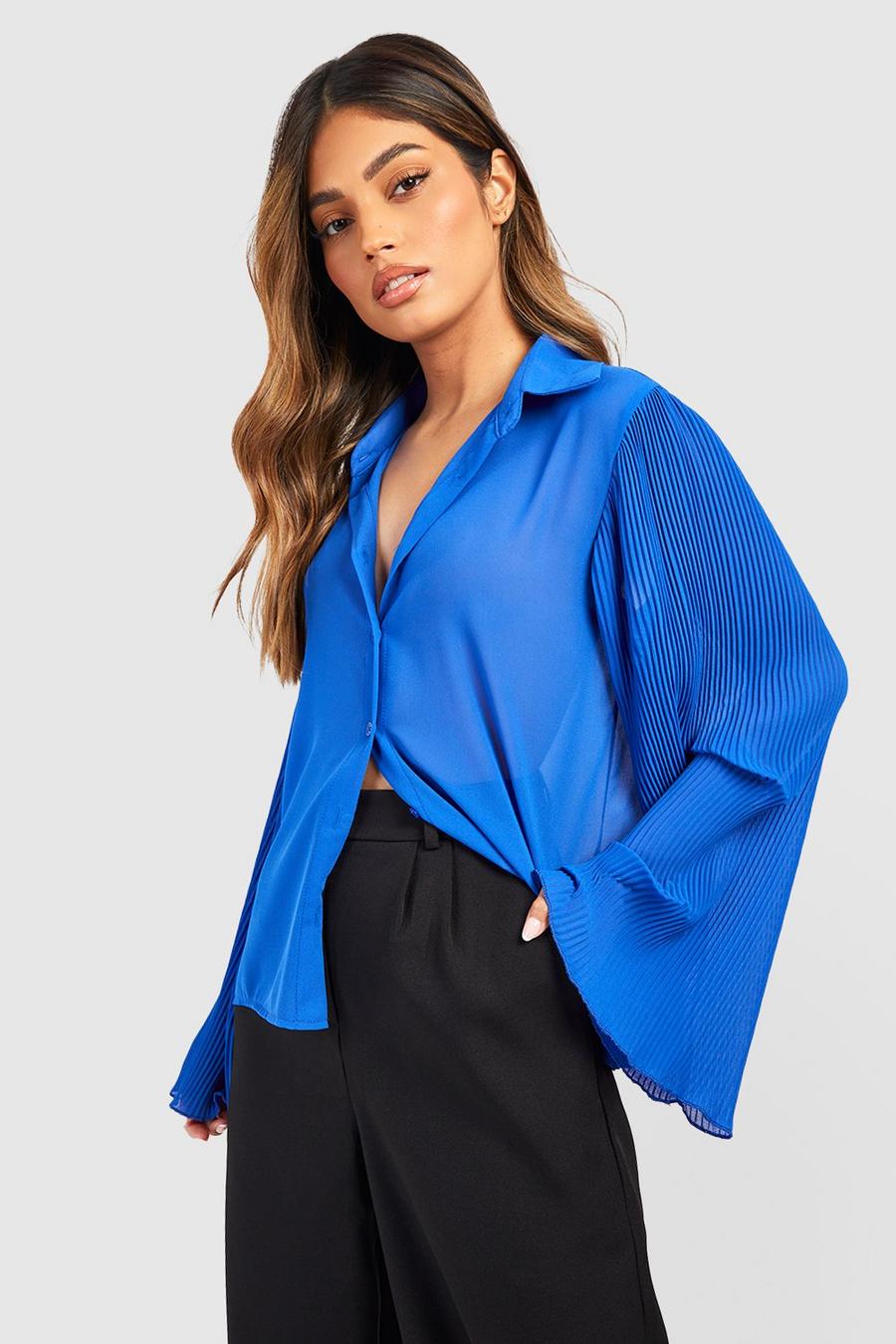 Azure blue Pleated Sleeve Relaxed Fit Woven Shirt 