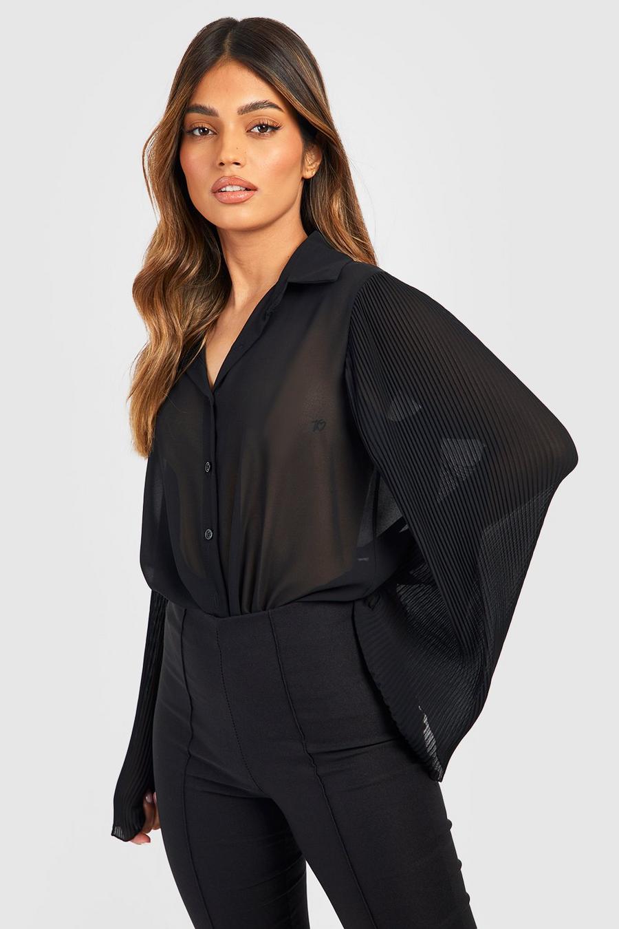 Black Pleated Sleeve Relaxed Fit Woven Shirt  image number 1