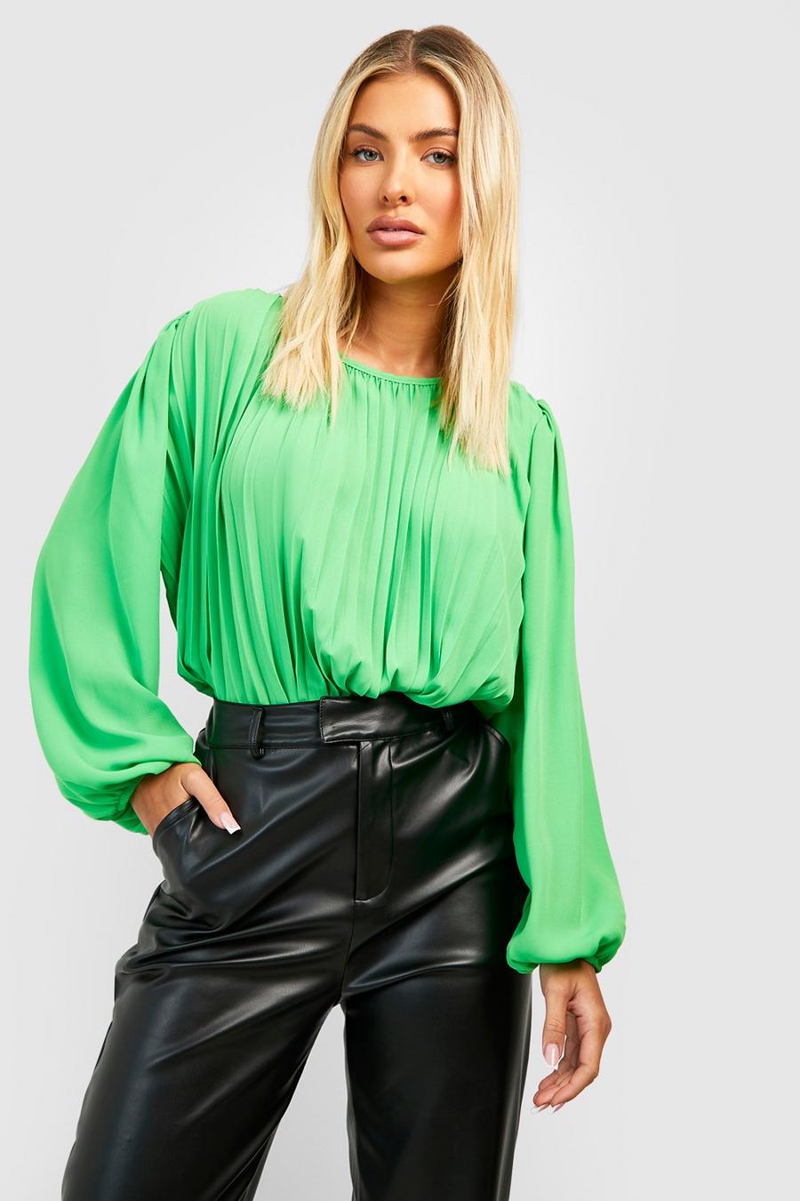 Bright green Pleated Volume Sleeve Woven Blouse