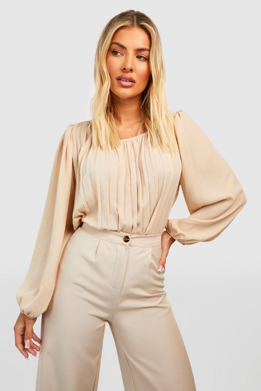 Stone beige Pleated Puff Sleeve Woven Blouse