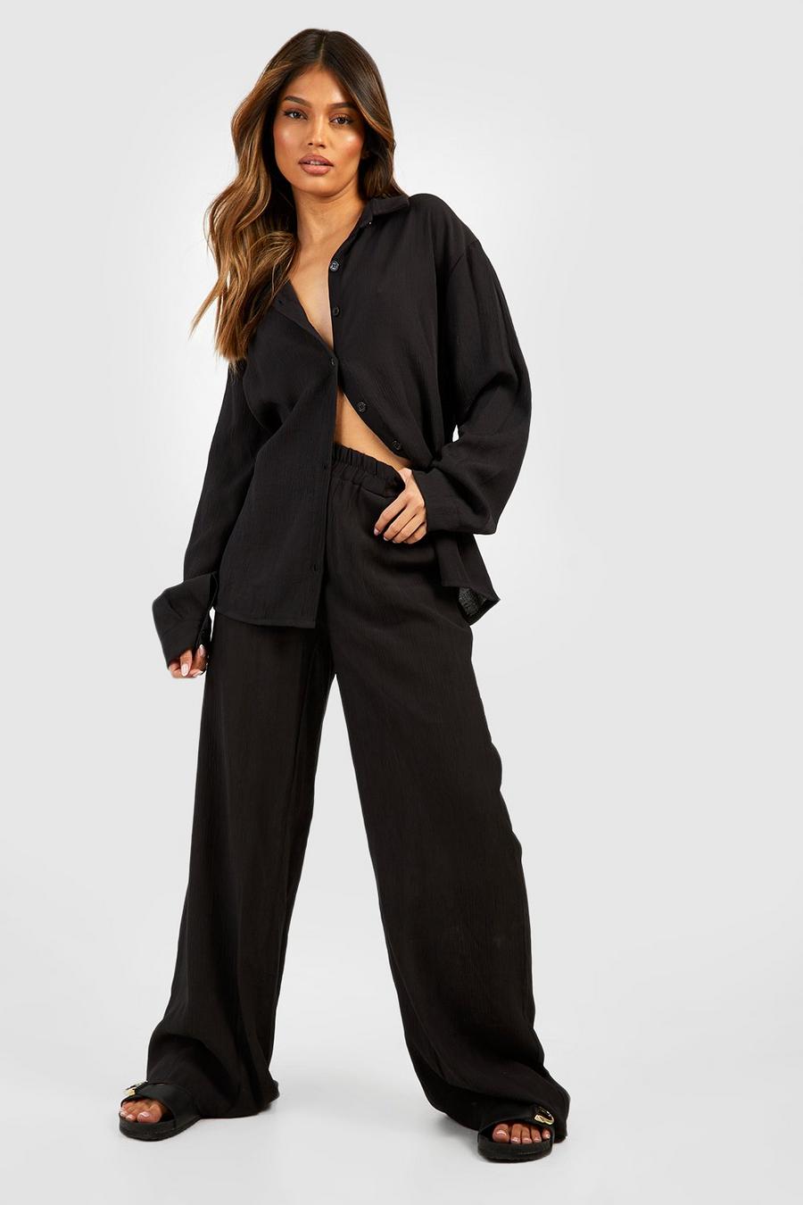 Black Crinkle Relaxed Fit Wide Leg Trousers image number 1