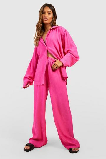 Crinkle Relaxed Fit Wide Leg Trousers hot pink