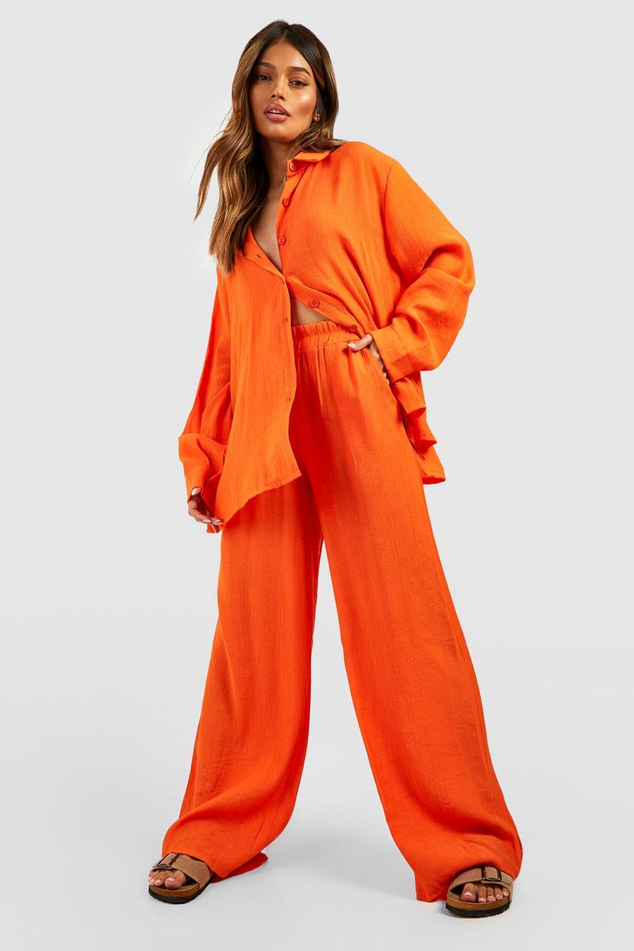 Orange Crinkle Relaxed Fit Wide Leg Trousers image number 1