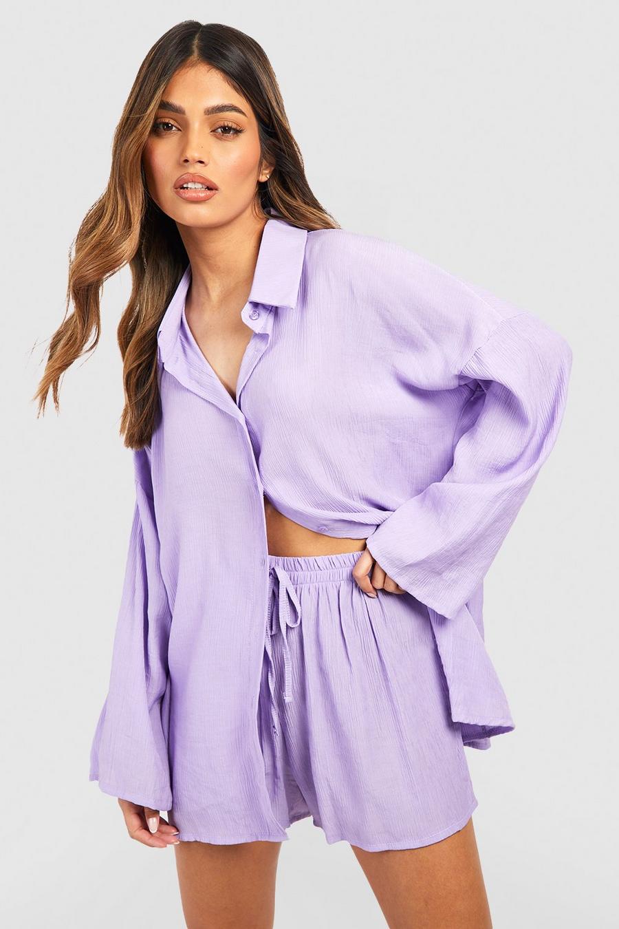 Lilac purple Textured Crinkle Oversized Shirt & Shorts Set image number 1