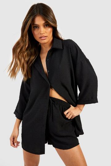 Hammered Dobby Oversized Shirt & Shorts Set black