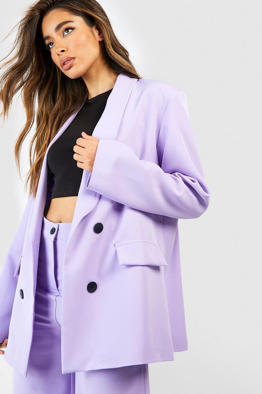 Lilac purple Contrast Button Double Breasted Tailored Blazer