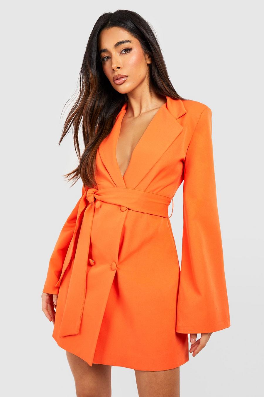 Orange Flared Sleeve Tie Waist Tailored Blazer Dress
