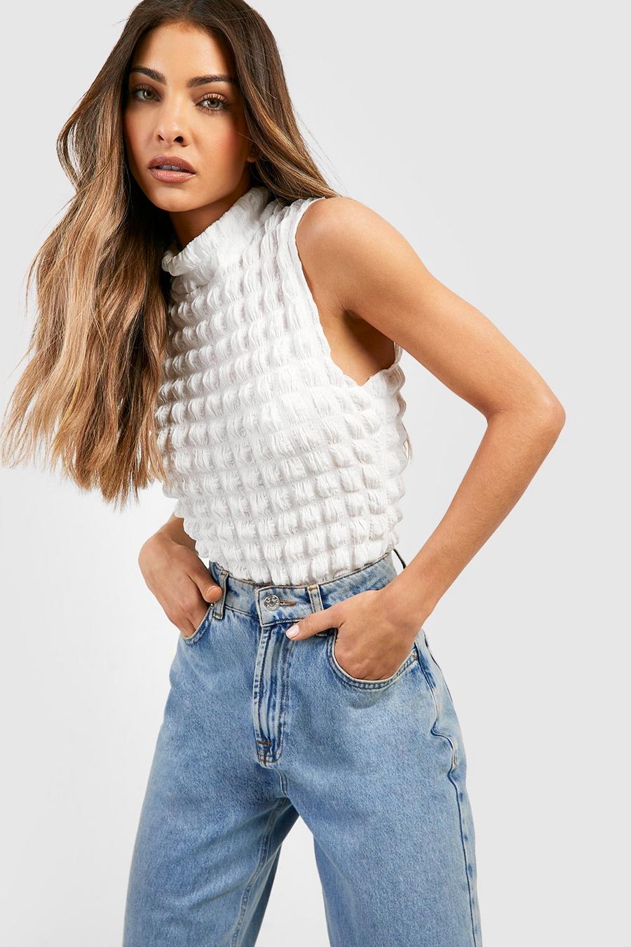 White Bubble Jersey Knit High Neck Top image number 1