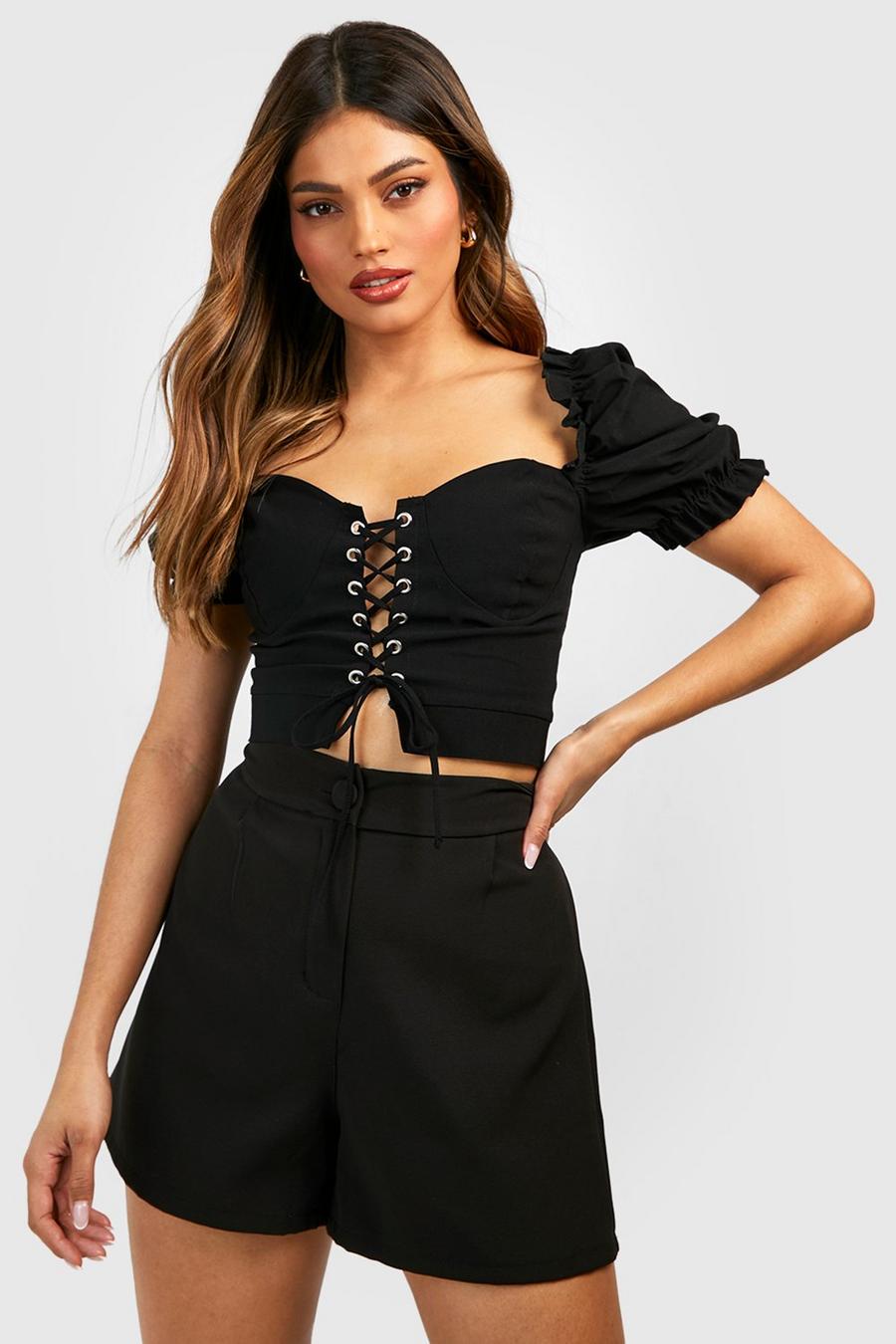 Black Puff Sleeve Lace Up Bengaline Corset Top image number 1