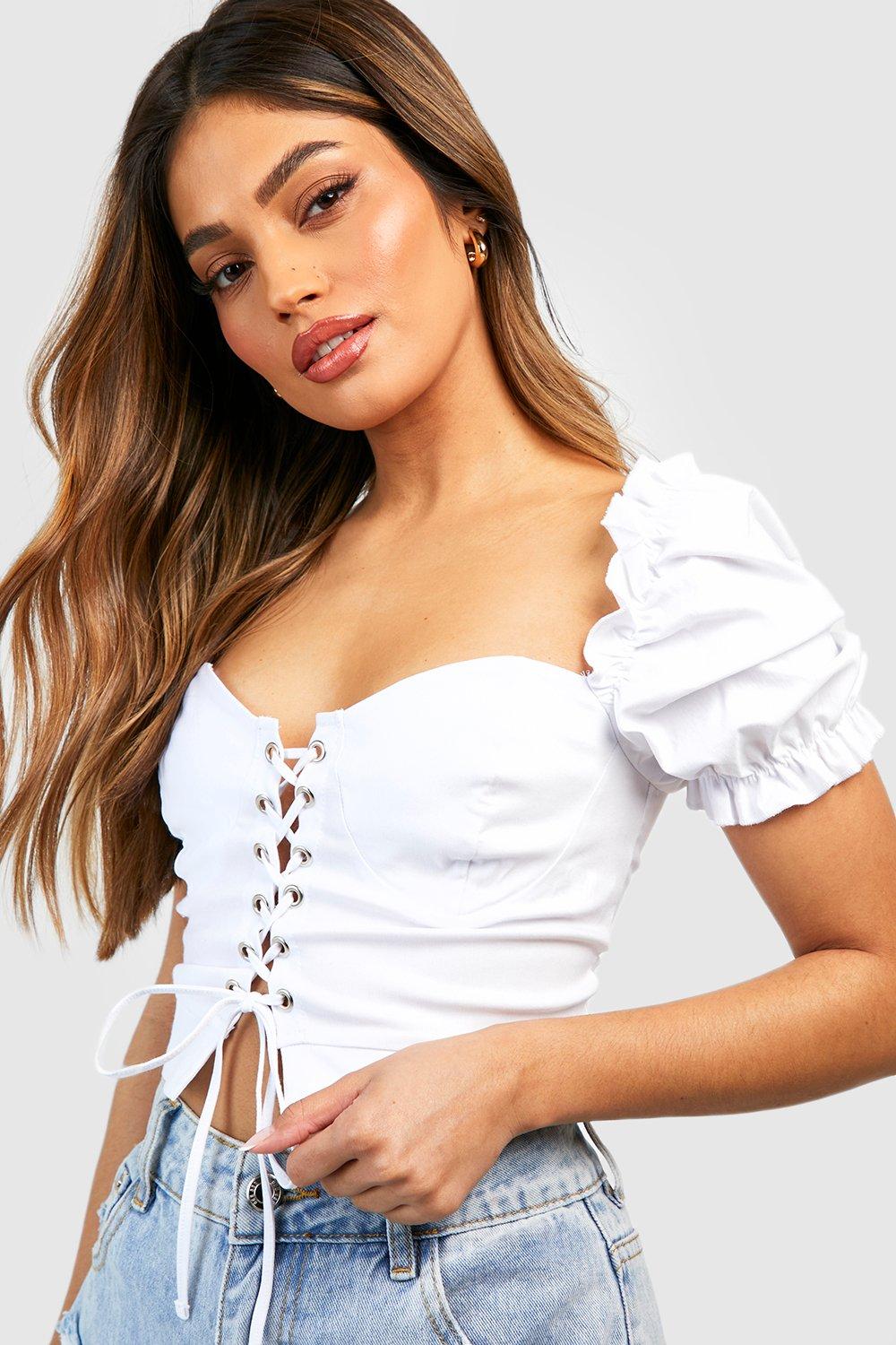 Buy Beige Lace up Pleated Corset Top With Puff Sleeves, off the Shoulder  Sleeves & Ruched Bust Chiffon Online in India 