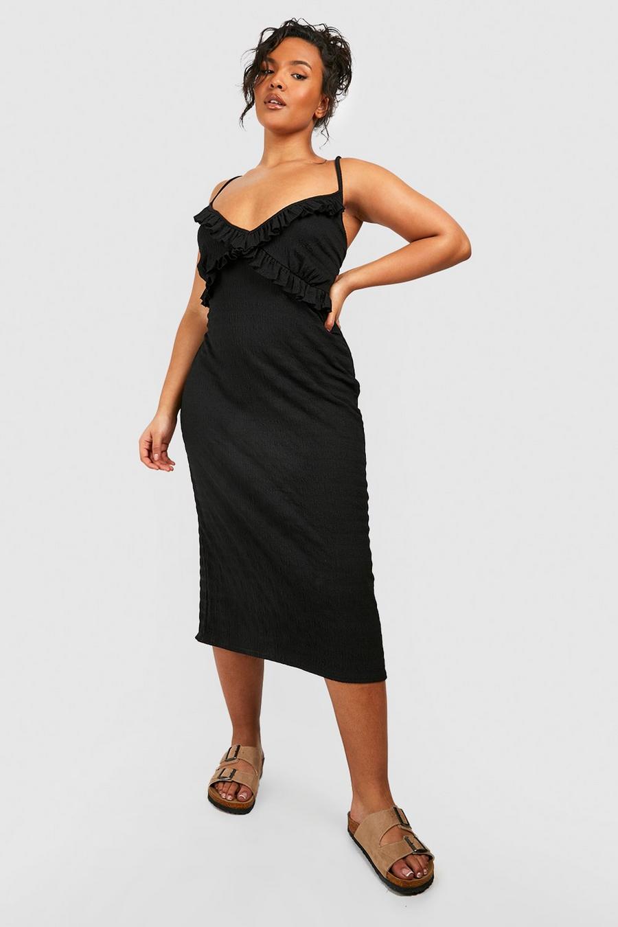 Black Plus Textured Crinkle Ruffle Midi Dress image number 1