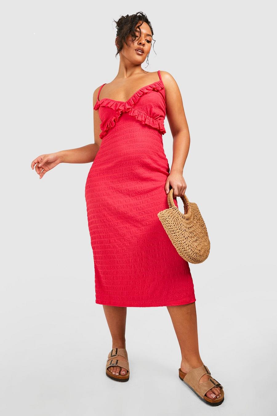Hot pink Plus Textured Crinkle Ruffle Midi Dress image number 1