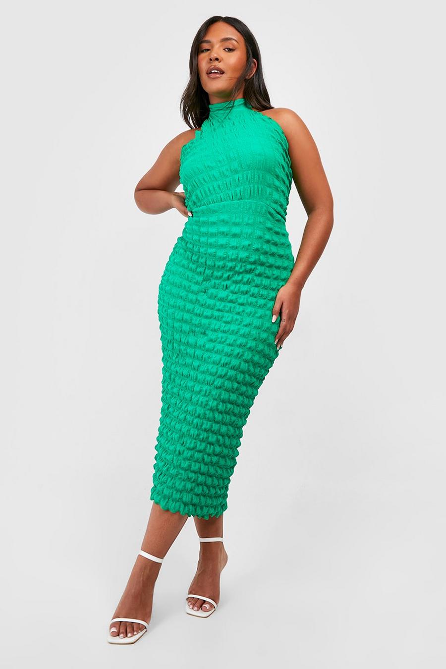 Bright green verde Plus Bubble Textured Halterneck Midaxi Dress