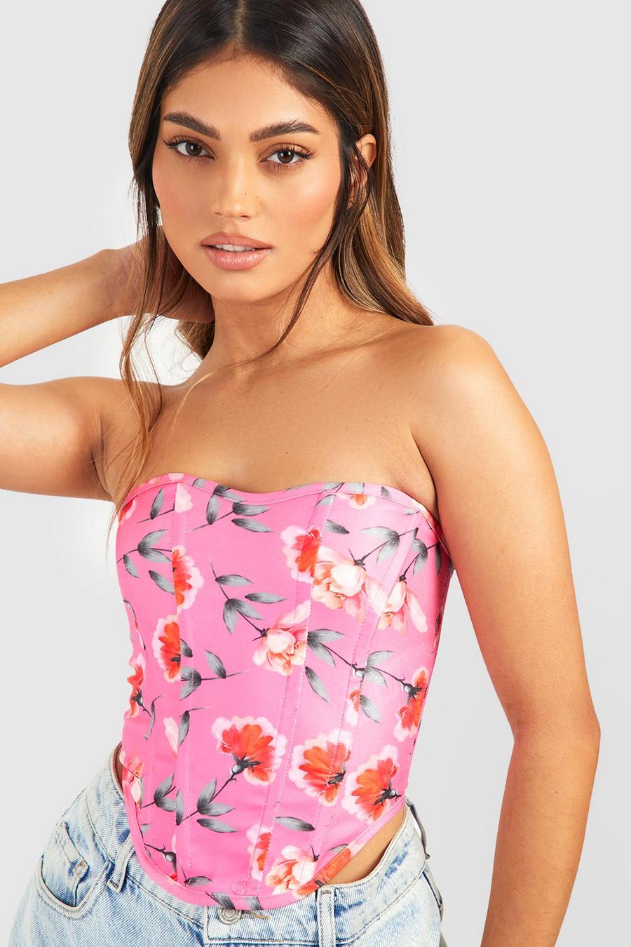 Top a corsetto in bengalina con stampa a fiori, Pink