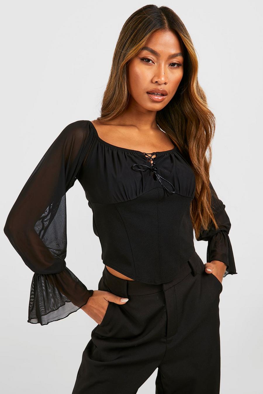 Top a corsetto in rete a maniche lunghe con scollo Bardot, Black image number 1