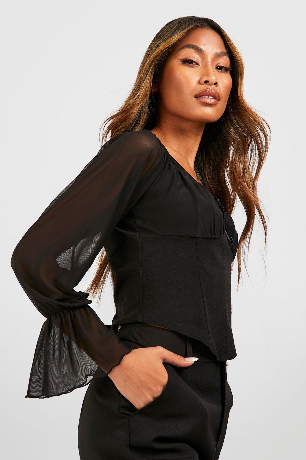 Women's Mesh Long Sleeve Bardot Corset Top | Boohoo UK