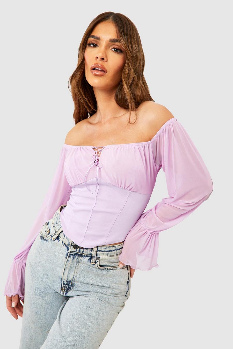 Lilac Mesh Long Sleeve Bardot Corset Top image number 1