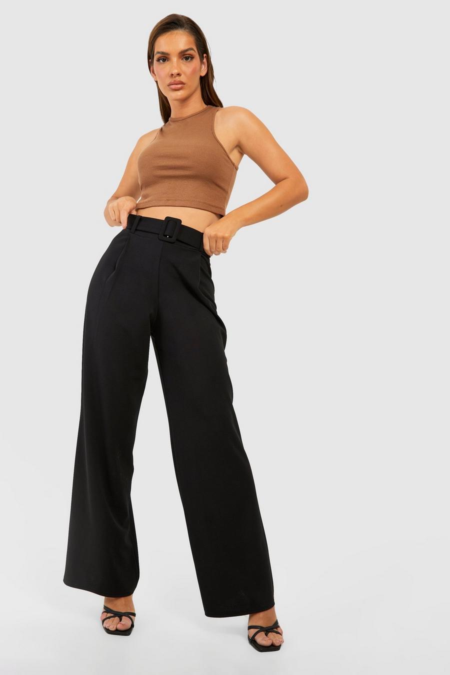 Black Buckle Belted Pleat Front Crepe Wide Leg Trousers