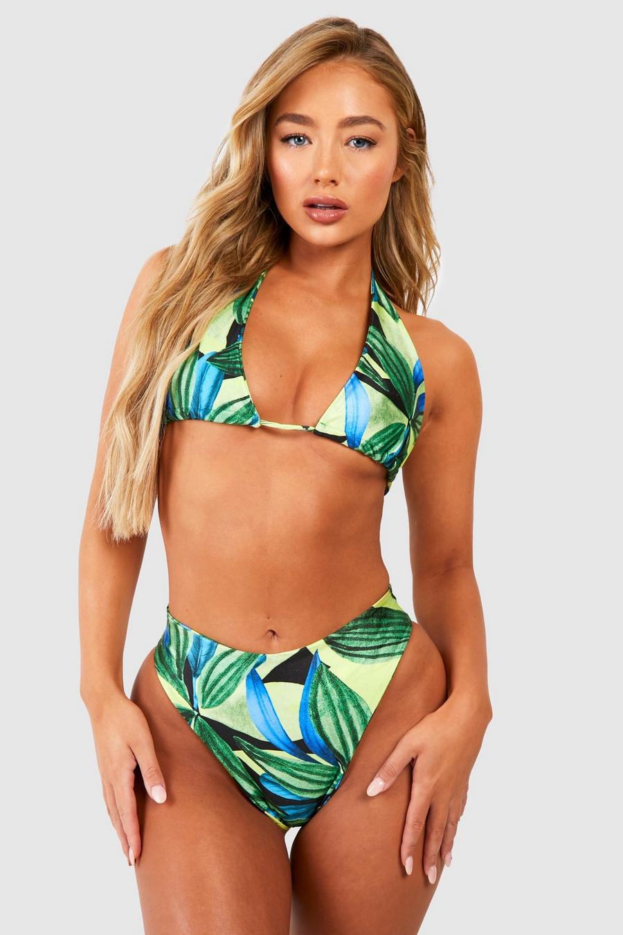 Bright green grön Tropical Triangle High Waisted Bikini Set