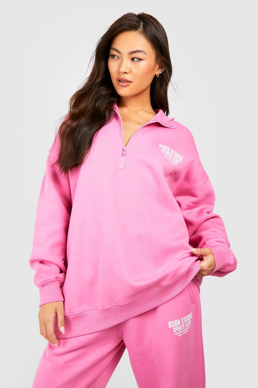 Pink Sports Club Slogan Half Zip Sweater 