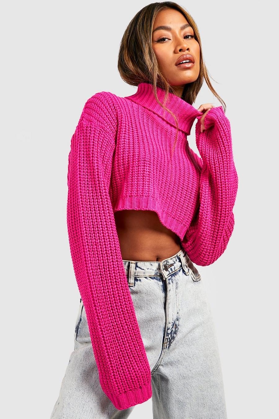 Hot pink Basic Turtleneck Crop Sweater image number 1