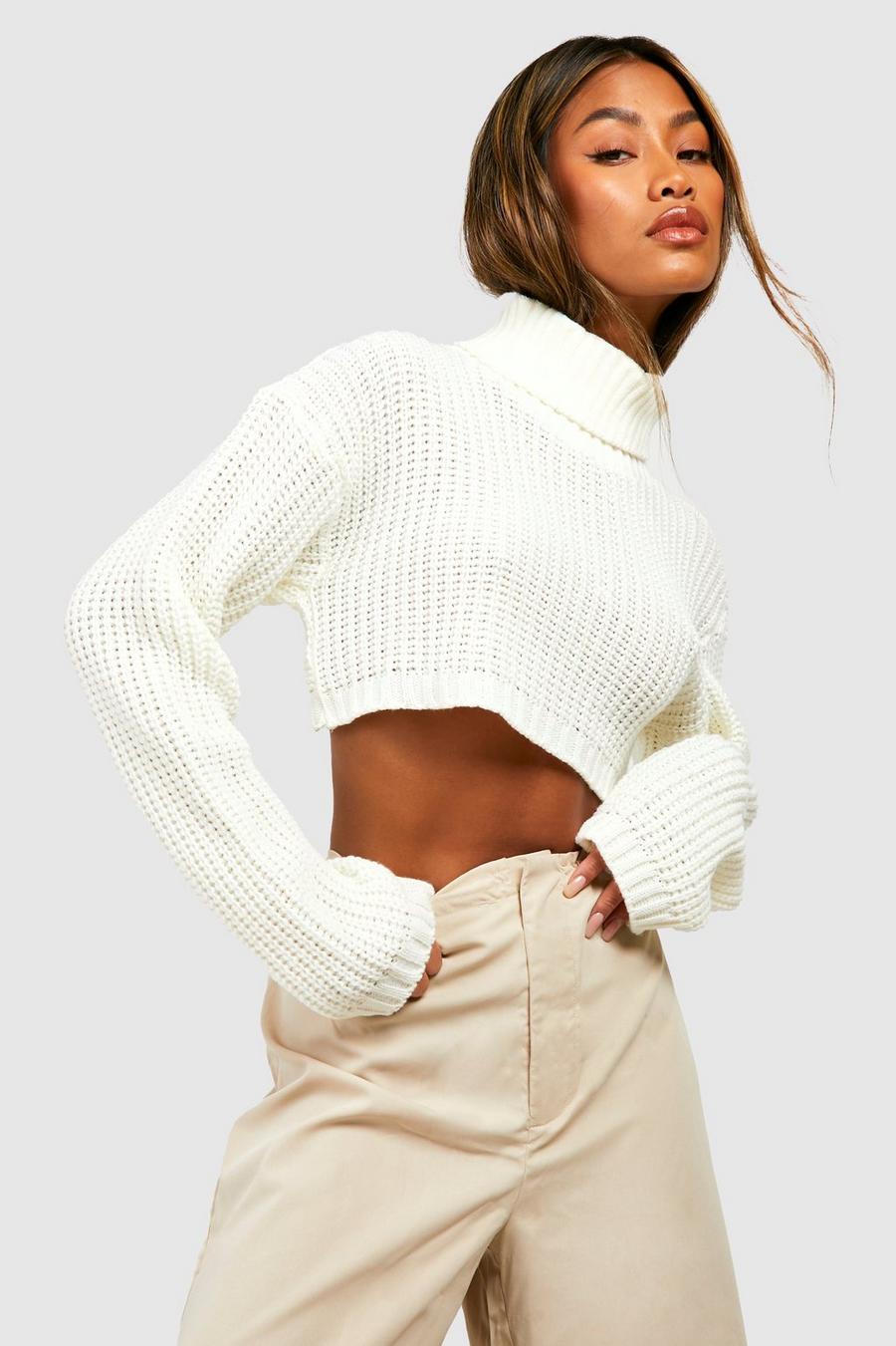 Ivory Basic Turtleneck Crop Sweater image number 1