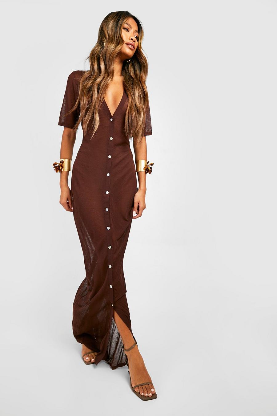 Chocolate Sheer Knit Button Through Midaxi Dress image number 1