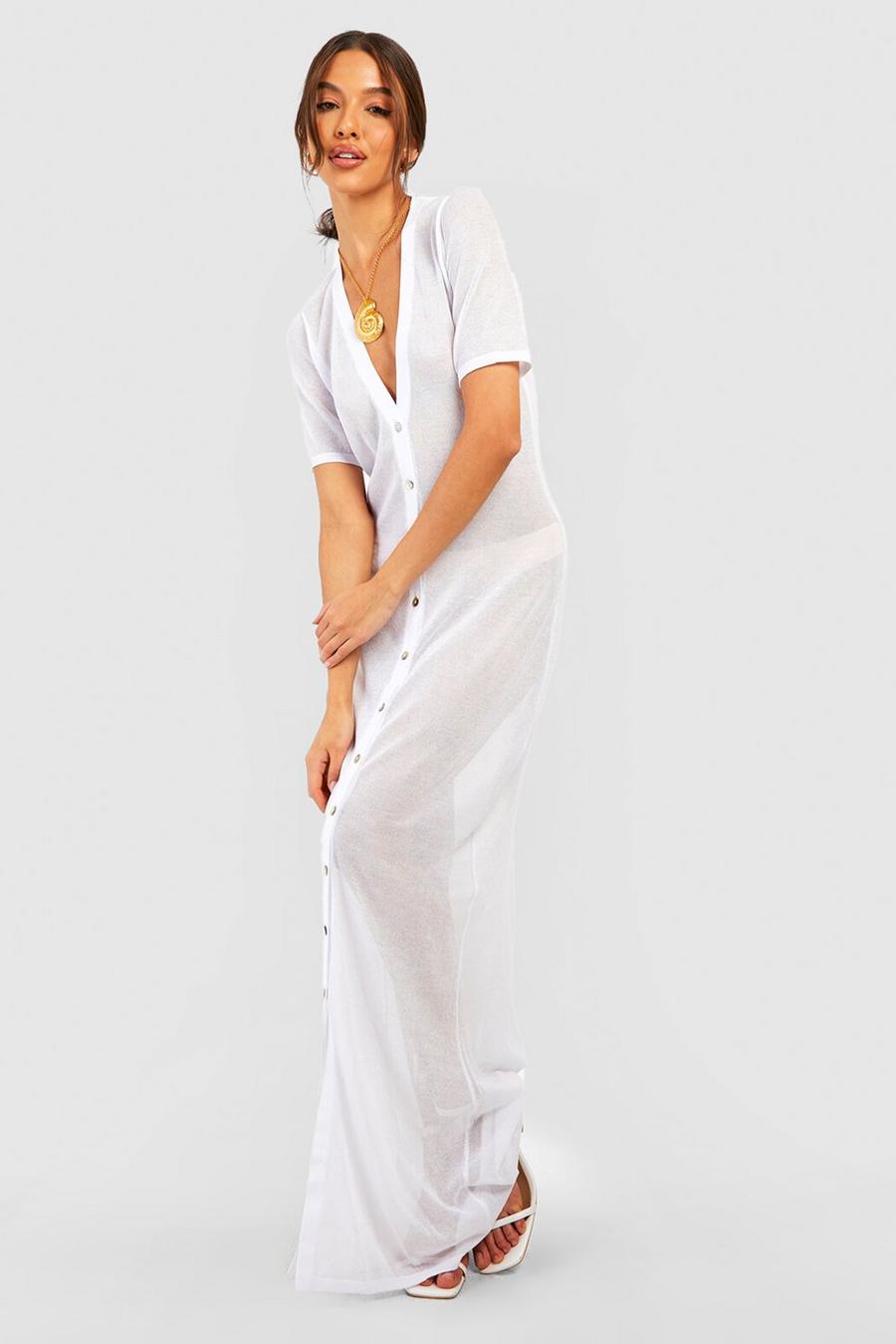 Vestito longuette in maglia semi-trasparente con bottoni, White image number 1