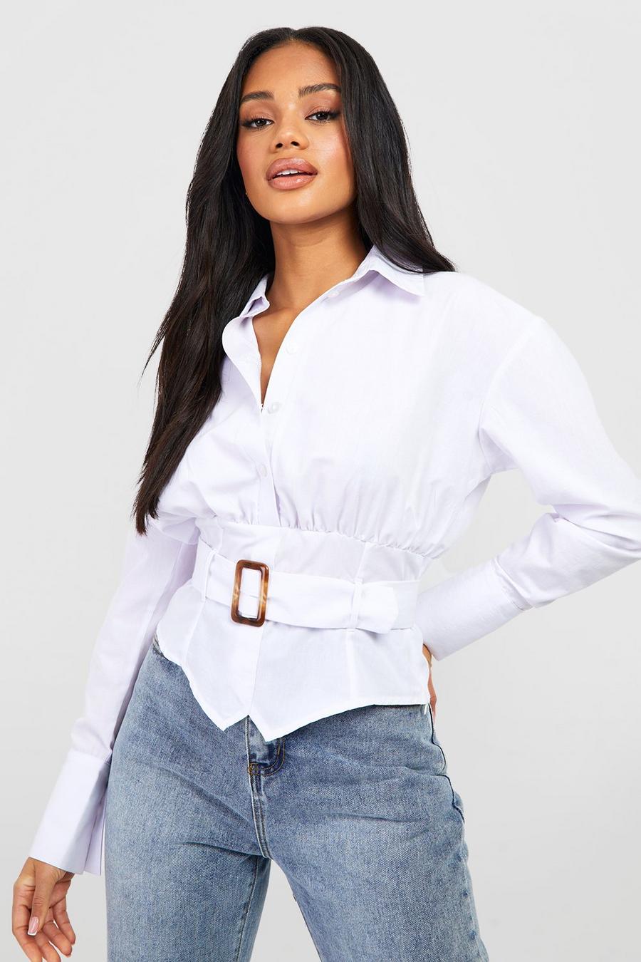 White Corset Belt Detail Fitted Shirt  image number 1