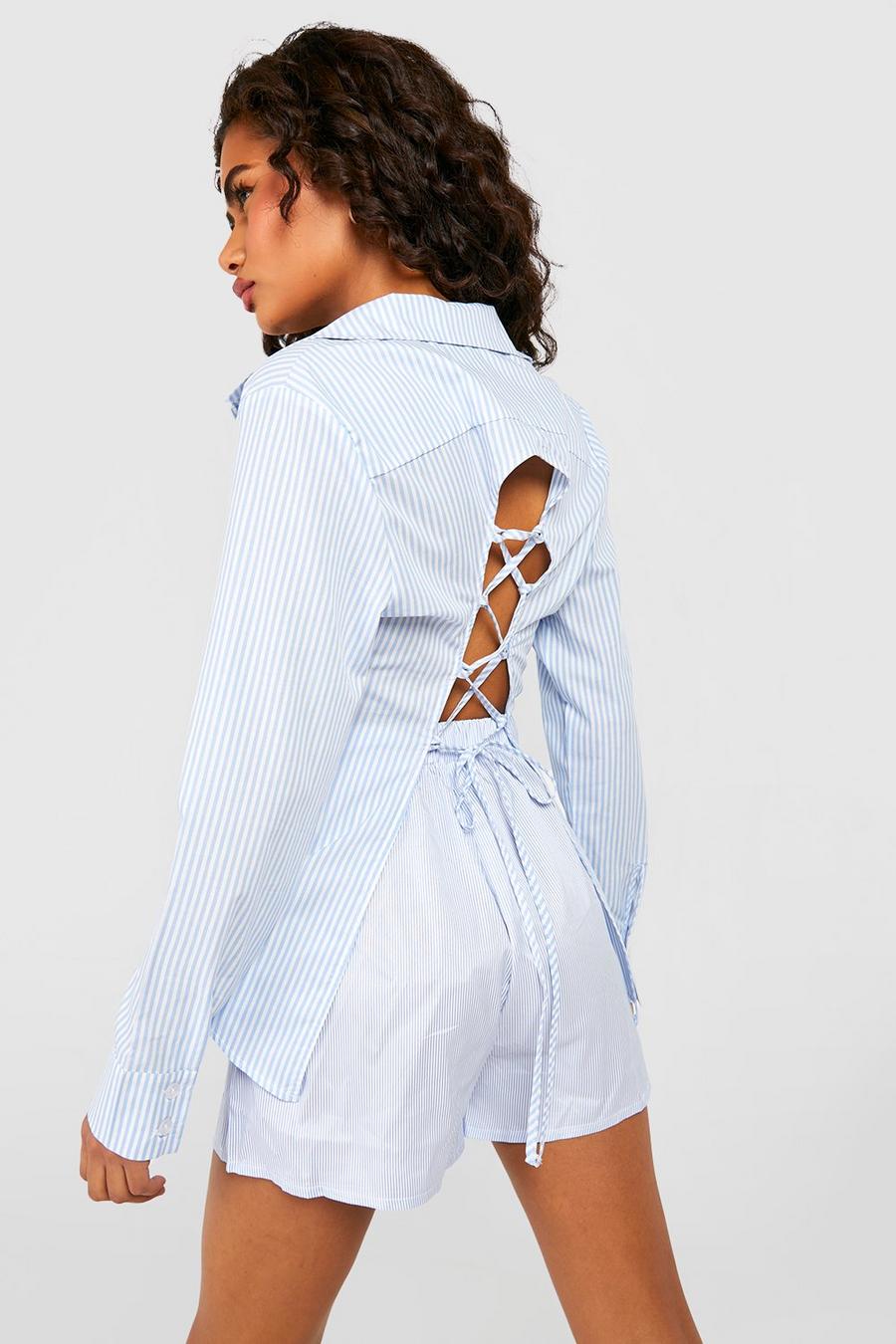 Blue Stripe Lace Up Back Fitted Shirt image number 1